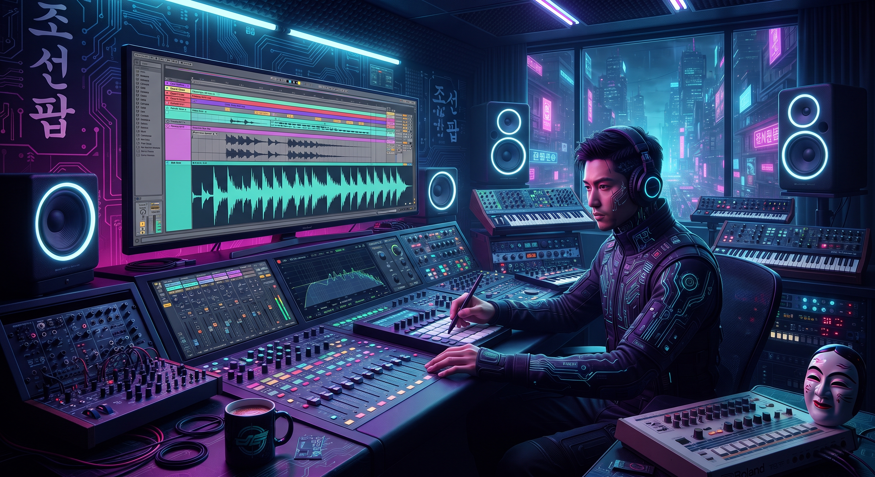 A dark cyberpunk studio workstation featuring an audio engineer mixing 150BPM Cinematic Chosun Pop with massive 808 sub-bass waveforms on an Ableton Live DAW interface.
